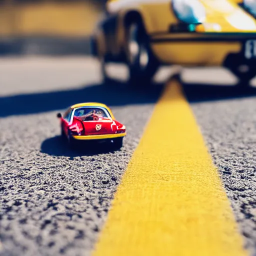 Image similar to close up photo of a small toy porsche 9 1 1 9 6 4 on a yellow road stripe, cinematic, shallow dof, 3 0 mm, 4 k, macro