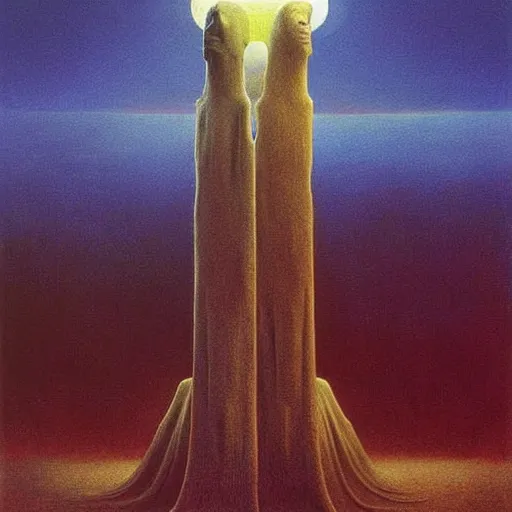 Image similar to dystopian surreal painting aliens in shrouds praying to a single eerie head statue surrounded by uneven buildings, artstyle by zdzisław beksinski