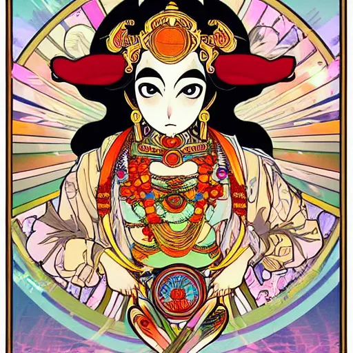 Image similar to anime manga style kathakali illustration style by Alphonse Mucha and Takashi Murakami pop art nouveau