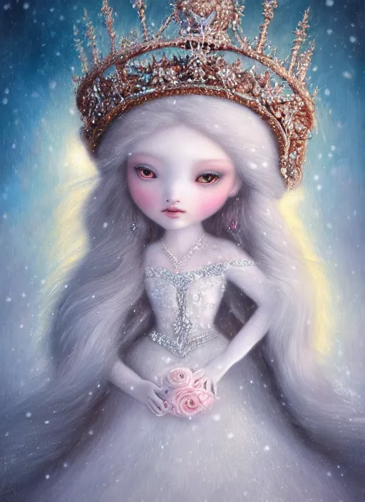 Image similar to highly detailed closeup portrait of a snow, ice princess wearing a crown and sitting on a throne surrounded by fluffy bears, nicoletta ceccoli, mark ryden, lostfish, earl nore, global illumination, god rays, detailed and intricate environment