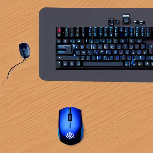 Prompt: top down photo of a desk with a gaming keyboard and gaming mouse on, photorealistic