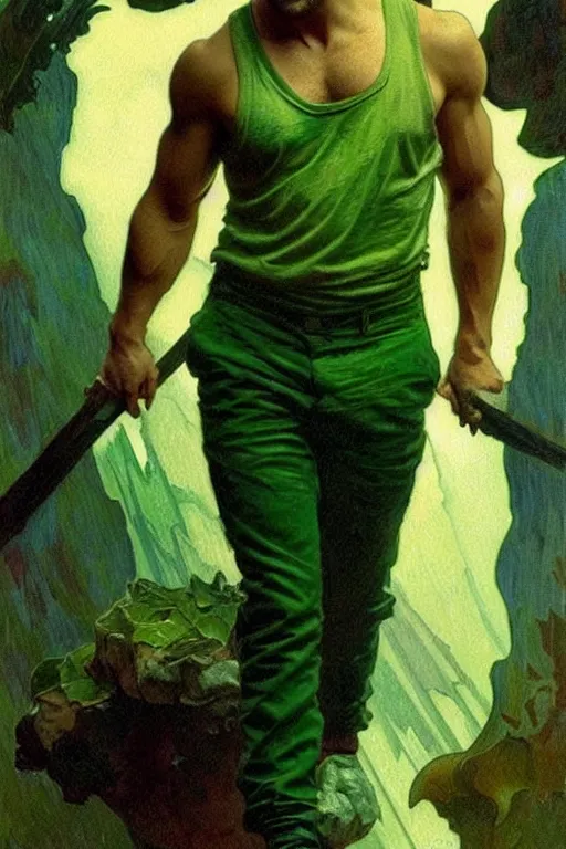 Prompt: Ryan Gosling wearing green clothes, muscular, fantasy, painting by greg rutkowski and alphonse mucha