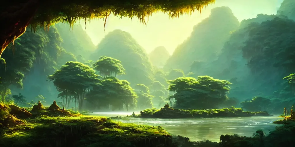 Image similar to jungle landscape with a river, cinematic view, blue sky, detailed, concept art, low angle, high detail, realistic, warm lighting, volumetric, godrays, vivid, artstation, digital painting by jordan grimmer and greg rutkowski
