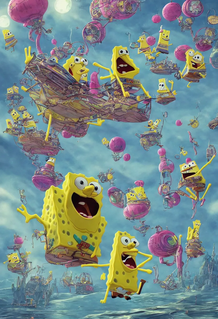 Image similar to a beautiful and highly detailed illustration of spongebob squarepants learning to fly in an alien spaceship cover of rolling stone magazine | cgsociety, trending on artstation | octane, unreal engine :. 4 | fantasy art :. 3