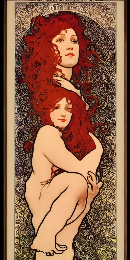 Image similar to highly detailed redhead woman poster style by designer alphonse mucha, maxfield parrish