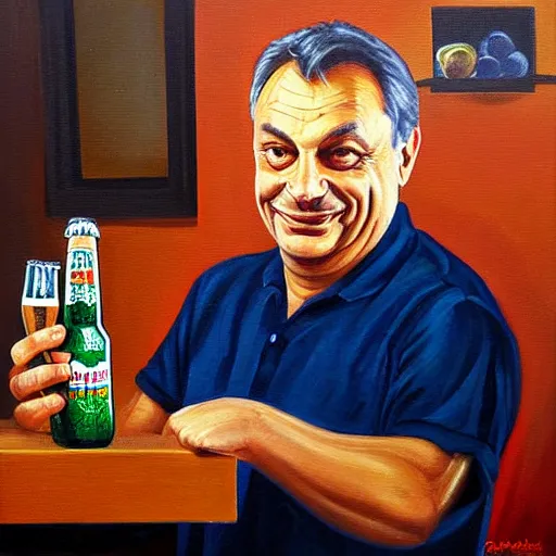 Image similar to viktor orban beer brewing at home, oil painting