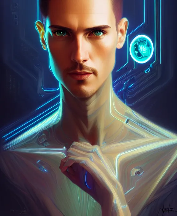 Image similar to a whirlwind inside the metaverse, guy, male, man, hologram, half body, neurochip, android, cyborg, cyberpunk face, by loish, d & d, fantasy, intricate, elegant, highly detailed, colorful, digital painting, artstation, concept art, art by artgerm and greg rutkowski and alphonse mucha