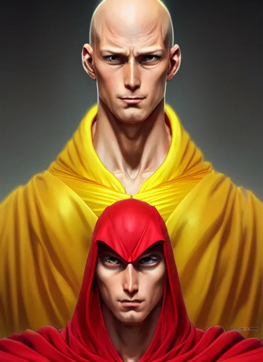 Image similar to ultra realistic illustration, handsome saitama. yellow and red cape, intricate, elegant, highly detailed, digital painting, artstation, concept art, smooth, sharp focus, illustration, art by artgerm and greg rutkowski and alphonse mucha and wlop