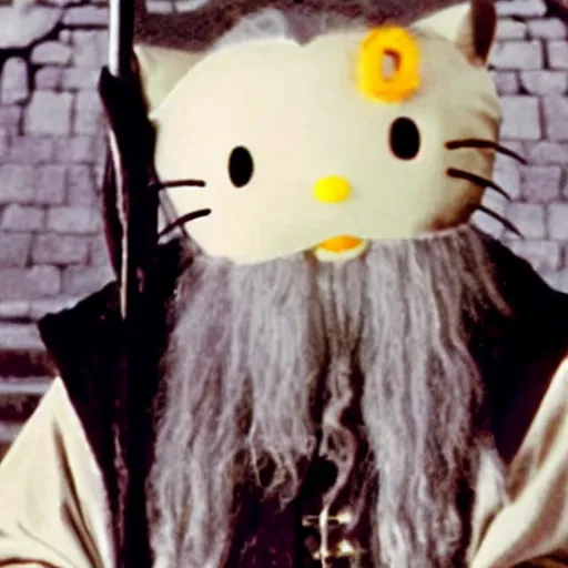Prompt: portrait of Gandalf dressed up as hello kitty,smiling kindly, movie still from Lord of the Rings