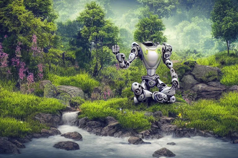 Image similar to professional photo of highly-detailed robot sitting cross-legged with its head pointing down, on a small hill, in a fantasy forest with blooming trees and surrounded my wildlife, river flowing beside the robot, 4k, highly detailed, Unreal Engine