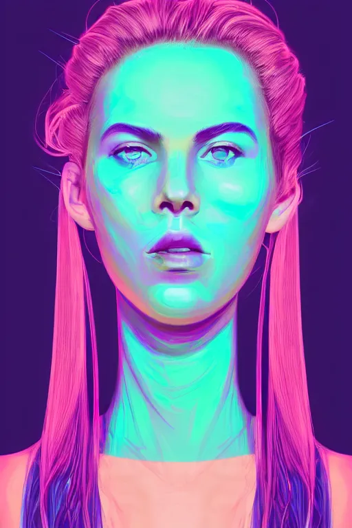 Image similar to a award winning half body portrait of a beautiful woman with stunning eyes in a croptop and cargo pants with ombre purple pink teal hairstyle and hands in pockets by thomas danthony, surrounded by whirling illuminated lines, outrun, vaporware, shaded flat illustration, digital art, trending on artstation, highly detailed, fine detail, intricate