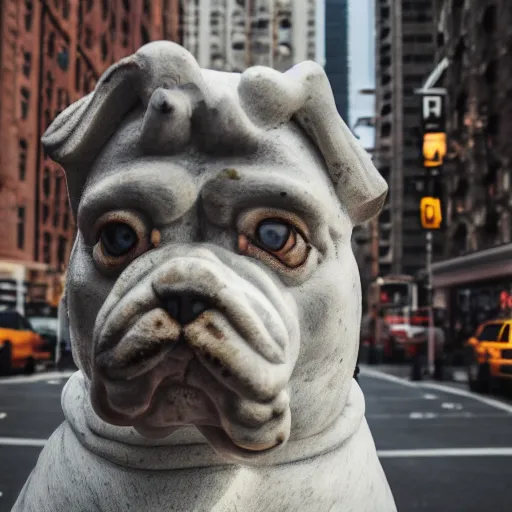 Prompt: a marble statue of a bulldog stands in the middle of New York, bokeh