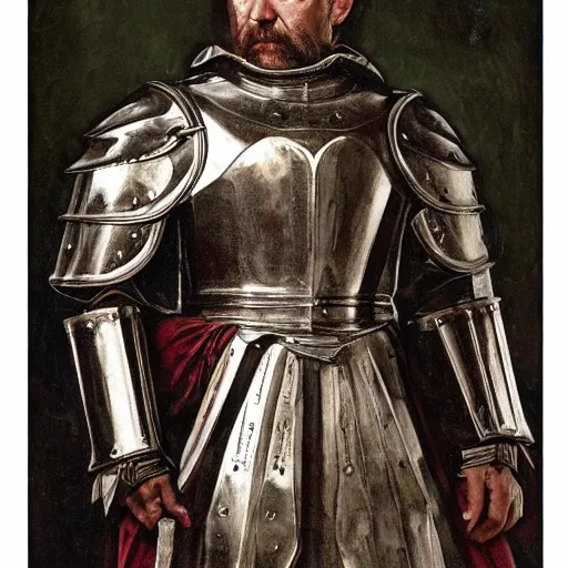 Image similar to full plate fluted polished armor 15th century gothic armor. maximilian,Solomon Joseph Solomon and Richard Schmid and Jeremy Lipking victorian genre painting portrait painting of a old rugged movie actor german knight 15th century character in fantasy costume red background