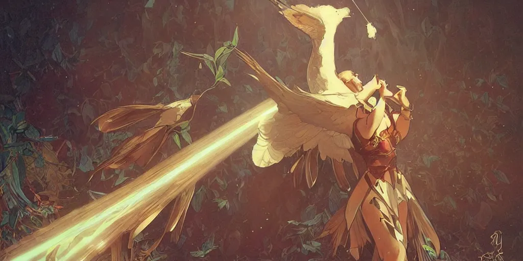 Prompt: a bird shooting lasers from its eyes, art by artgerm and greg rutkowski and alphonse mucha