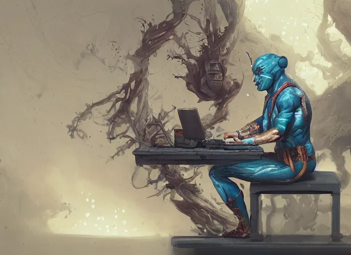 Image similar to an insanely detailed painting of an asian man wearing a homemade superhero costume, sitting at a desk, staring seriously at the computer and typing, in the style of peter mohrbacher, james jean, ruan jia, dramatic lighting and composition, surreal background, octane render, pixar, trending on artstation, concept art, comic book, view from behind, 8 k