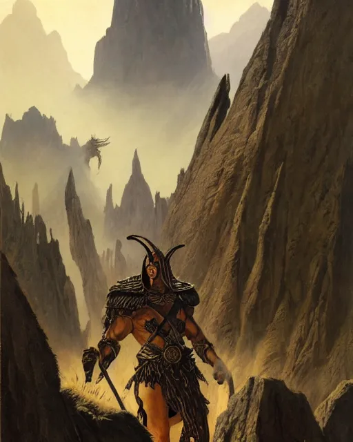 Prompt: full body shot of an ancient warrior standing in a stunic scenic enviornment, d & d, fantasy, greg rutkowski, frank frazetta, alexandre chaudret, boris vallejo, michael whelan, miro petrov, hr giger, magali villeneuve, donato giancola