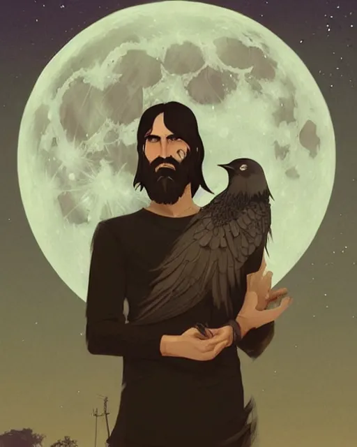 Image similar to portrait of a man with long black hair and beard holding a bird in his hands, full moon in the background, fine portrait, beautiful, concept art, by greg rutkowski, style of tomer hanuka