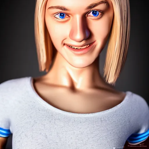 Image similar to full figure photo, cute nice beautiful young lady, cute smile, athletic body, six pack, highly detailed face and eyes, blonde, blue eyes, volumetric lighting, 8 k, art photography, sport photography, intricate detailing, award winning, textured skin, symmetric face, hyper realistic