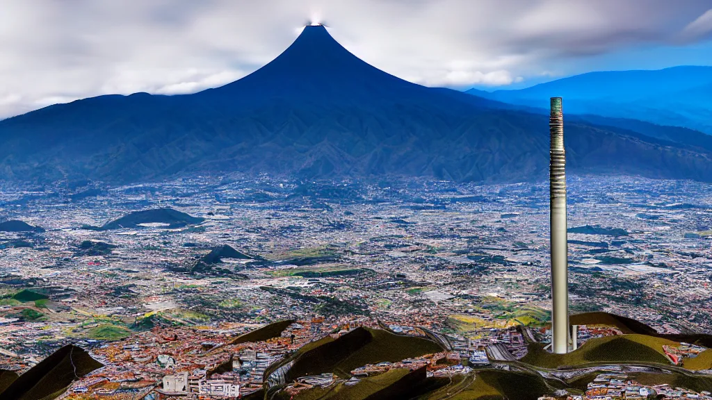 Image similar to Epic Nuclear power towers gracefully over the mountain valley of Quito, Ecuador; by Oswaldo Moncayo and Vincent Callebaut; oil on canvas; Art Direction by James Cameron; Location: Quito Ecuador 4K, 8K; Ultra-Realistic Depth Shading