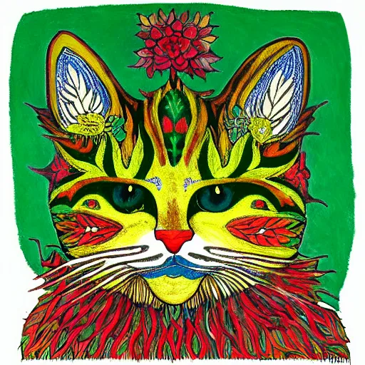 Image similar to colourful green man cat by louis wain and william morris, 8 k, artstation