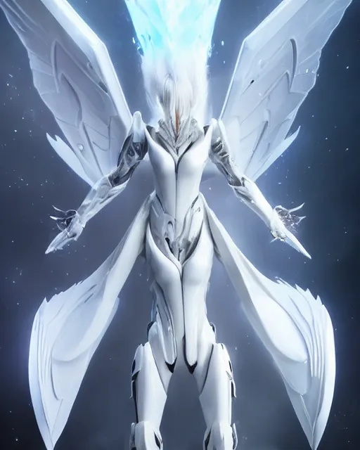 Prompt: perfect white haired alien being with huge white dove wings, warframe armor, beautiful, symmetric, dreamy, half asian, pretty face, blue eyes, detailed, scifi platform, laboratory, experiment, 4 k, ultra realistic, epic lighting, android body, illuminated, cinematic, masterpiece, art by akihito tsukushi, voidstar