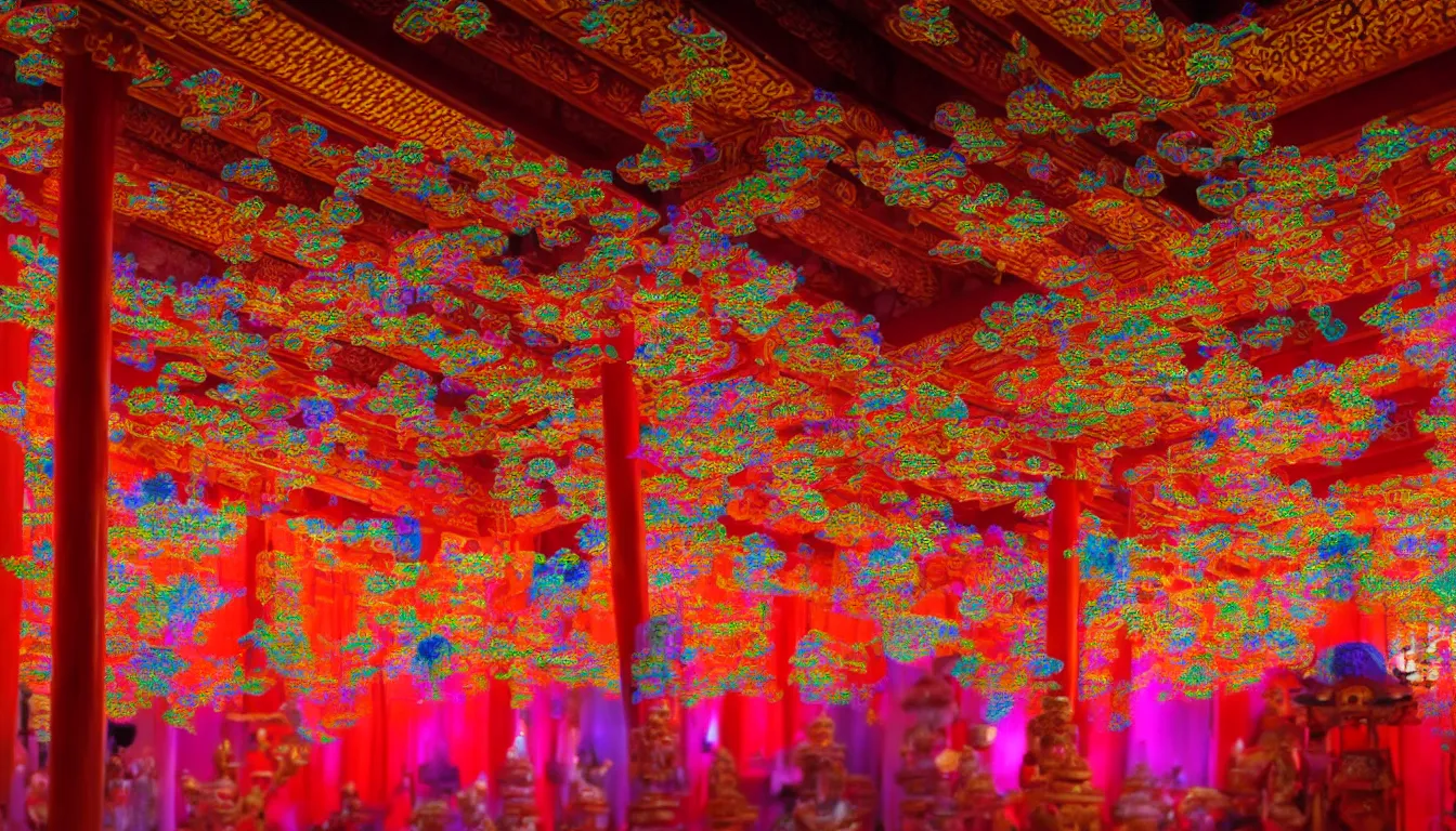 Prompt: volumetric lighting, flowing shimmering brilliant colourful fabrics, emerging sounds and an ancient male bearded face , inside a huge traditional Japanese Royal ornate temple , full colour , upscale , 4k