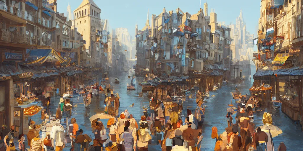 Image similar to a busy fantasy street day market from within a fascinating old city, water streets with gold and blue accented boats by sylvain sarrailh, by sebastian luca, by nicodemus yang - mattisson, cinematic, simple but effective composition, clean lines, beautiful digital painting, oil painting, dungeons and dragons, lord of the rings