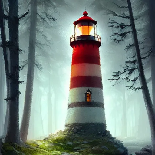 Image similar to a magical lighthouse in the middle of the woods, magical forest, by Jordan Grimmer and greg rutkowski, crisp lines and color,