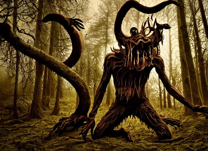 Image similar to an incredibly scary and very very unique monster creature of evil nature with animal, human and tree like characteristics, ancient folk legend in the forest, extremely creative and detailed, gloomy colors, 1 8 mm lens, digital medium format photography