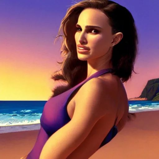 Prompt: Natalie Portman at the beach, Joe Jusko, 8k photography, trending on artstation, frank Frazetta