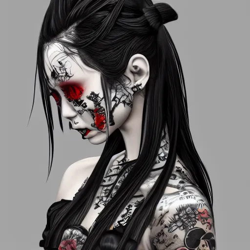 Image similar to japanese gothic model with maximalist hair style and kanji tattoos, dark colors, fashion model, portrait shot, depth of field, 8 k, hyper detailed, intricate, trending on artstation