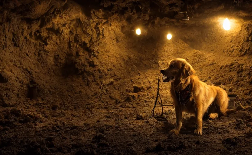 Image similar to a dirty golden retriever in a dimly lit mine, large piles of gold nuggets, wearing a black western hat and jacket, dim moody lighting, wooden supports and wall torches and pick axes, cinematic style photograph