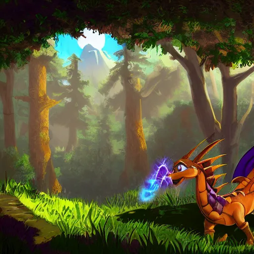 Image similar to Spyro the Dragon in a large forest, Breath of the Wild styled, digital art, highly detailed
