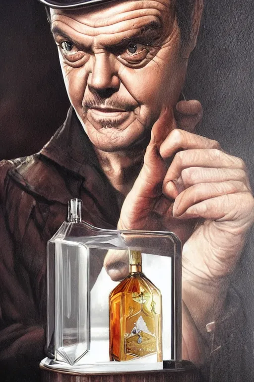 Prompt: a ship in a bottle but instead of a ship it is jack nicholson in the bottle, a young jack nicholson, fancy whiskey bottle, masterpiece painting by artgerm and tom bagshaw