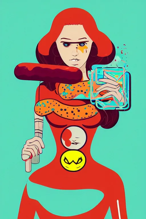 Image similar to abstract portrait of female superhero with sausage!!!! fingers miyazaki, colorful palette illustration, kenneth blom, mental alchemy, james jean, pablo amaringo, naudline pierre, contemporary art, hyper detailed