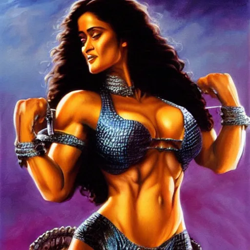Image similar to A painting of Salma Hayek wearing a chainmail bikini , flexing muscles , by Boris Vallejo , Julie Bell , Gerald Brom Frank Frazetta , Jeff Easley cinematic , concept character, full body, barefoot , trending on Artstation