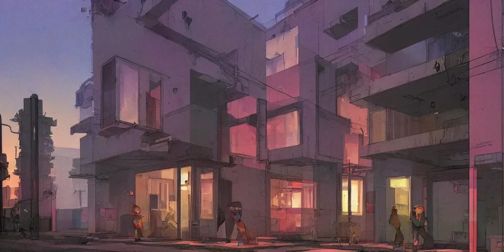 Prompt: neo brutralism, concrete housing, concept art, colorful, vivid colors, light, shadows, reflections, cinematic, 3D, in the style of Akihiko Yoshida and Edward Hopper