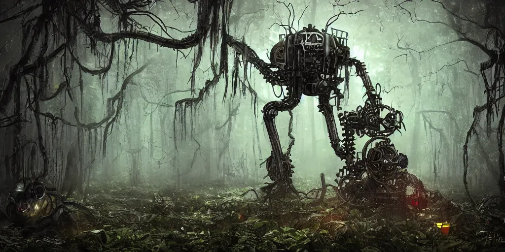 Prompt: mechanical steampunk robot with large head and ((glowing)) eyes in haunted swamp surrounded by dense forest with vines hanging from trees, creepy ambiance, fog, sharp focus, hughly detailed, eerily beautiful, cgsociety, artgerm