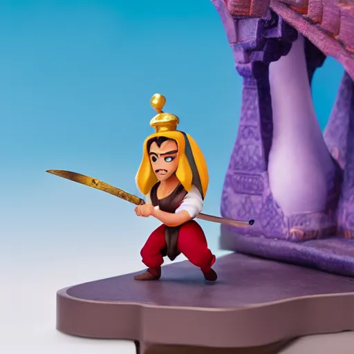 Prompt: side view of aladdin as nendoroid walking with arabic sword, 8 k hd dof, kodak film,