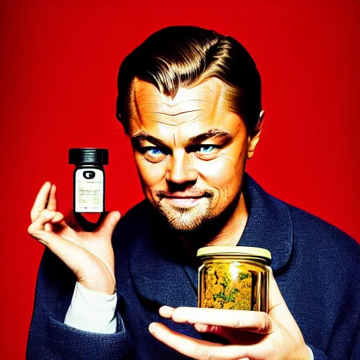 Image similar to detailed studio portrait of leonardo dicaprio holding tiny jar of tincture. watching ar camera. studio light, polished look, solid background, ad, fashion photography, by pierpaolo ferrari and maurizio cattelan, 3 5 mm photograph, david lachapelle, canon eos c 3 0 0, 8 k