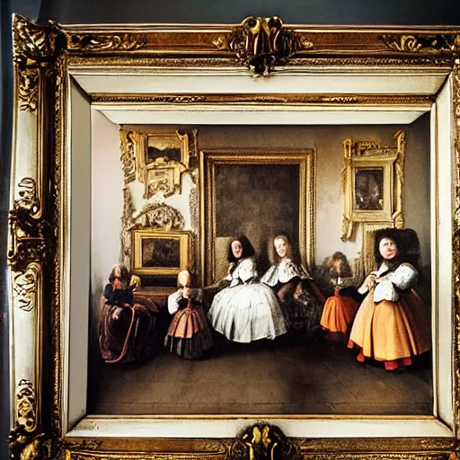 Prompt: family portrait in the main room of the castle painted in 1 6 5 6, dark room, one point of light coming through one big window inspired by las meninas, spaces between subjects and good detail and realistic face form for each person in the canva, inspired by diego velasquez better quiality