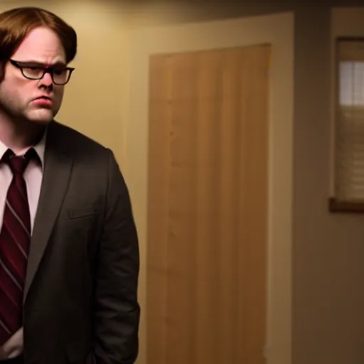 Prompt: cinematic scene with seth rogan as dwight schrute, dramatic, small details, volumetric lighting, still frame