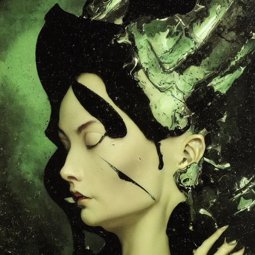 Image similar to a dark baroque close - up portrait of a green and black porcelain being made out of white liquid sci - fi vitrified translucent ceramic marble ; china. reflective detailed textures. gloomy black background. highly detailed fantasy science fiction painting by moebius, norman rockwell, frank frazetta, and syd mead. rich colors, high contrast. artstation