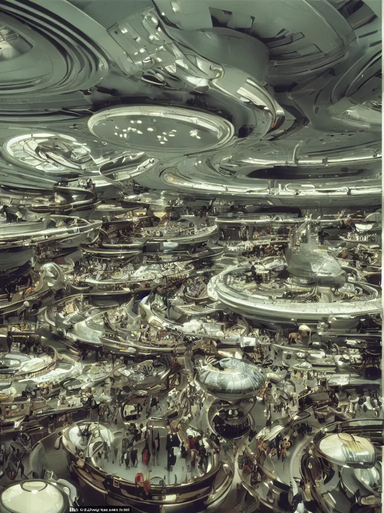 Prompt: kodachrome photo of interior of a busy spaceport on future earth, intricate film still by stanley kubrick. very coherent photograph. cinematic, hyperrealistic, high detail