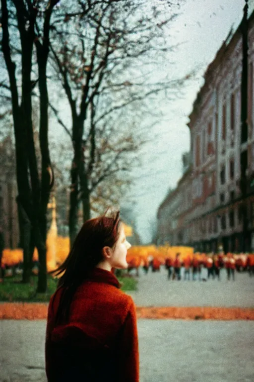 Image similar to a lomographic photo of a girl in moscow, autumn, cinestill, bokeh