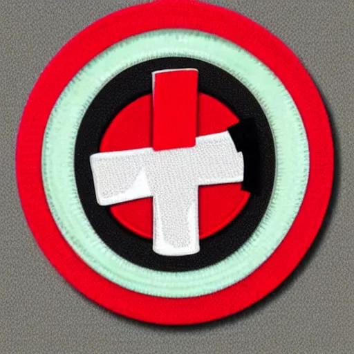 Prompt: illustration on a round badge!!! red cross