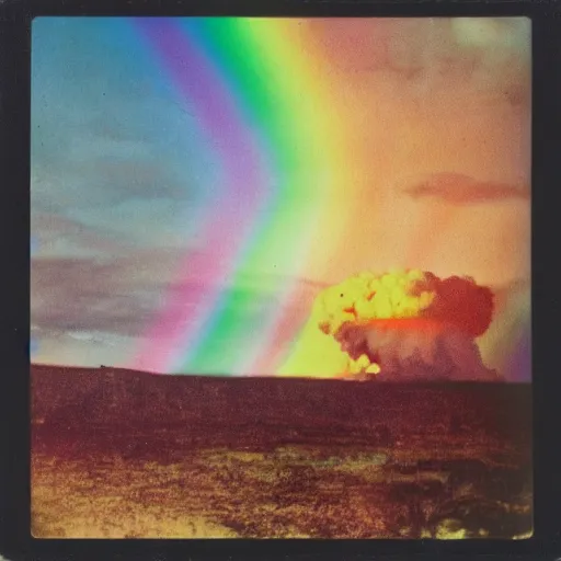 Prompt: polaroid photo of colorful rainbow over the nuclear explosion