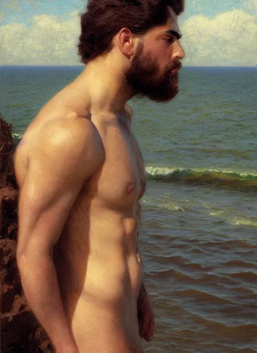 Image similar to detailed cinematic wide shot of muscular attractive young latino man beard slim face symmetrical face tanskin green eyes white hair wearing sea clothes, ultra realistic, spring light, painting by gaston bussiere, craig mullins, j. c. leyendecker