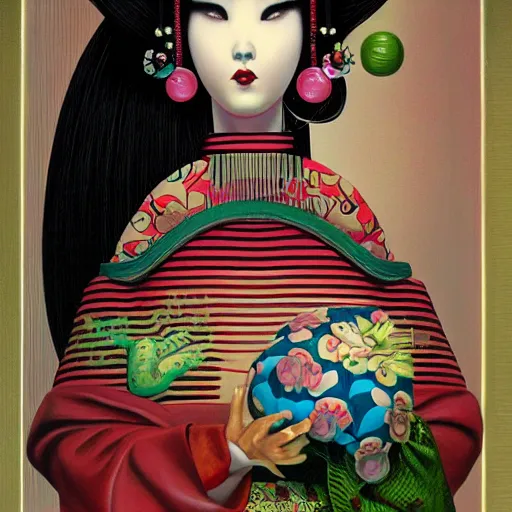 Prompt: Futuristic geisha girl, worm's-eye view, lowbrow painting by Mark Ryden