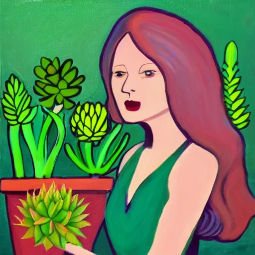 Prompt: painting by Rob Hefferans of a beautiful blonde woman with shoulder length hair in a forest green dress putting colorful succulents into rainbow pots at a square table